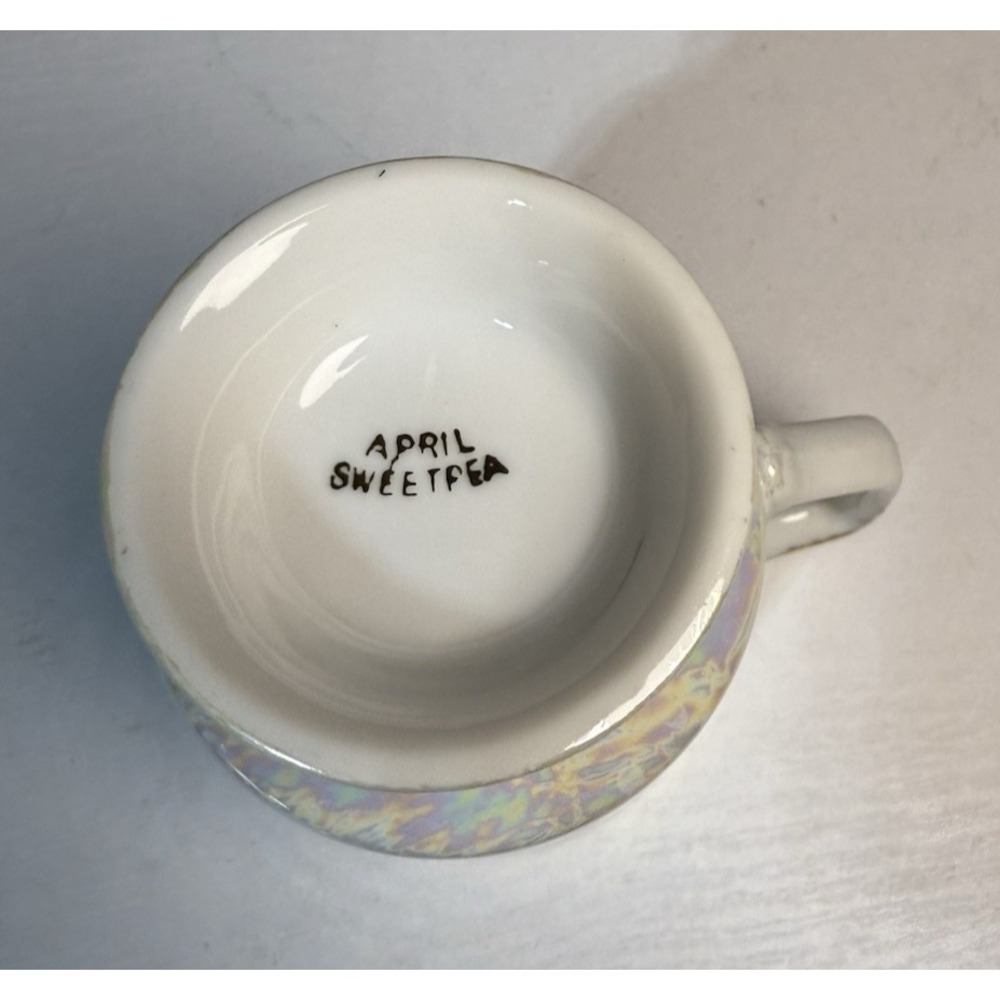 Vintage Sweet Pea April Coffee Cup Iridescent Gold Pink Flowers Fancy Handle - Picture 6 of 6